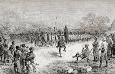 1890年、ウシリでマザンボニの戦士たちの指輪ダンスを見ているヘンリーモートンスタンリー卿（木の彫刻） 作： Edouard Riou