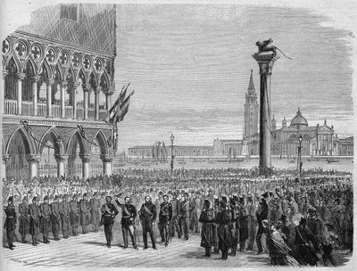イタリア国王ヴィクトル・エマニュエル2世（Victor Emmanuel）（Vittorio Emanuele）がヴェネツィアのサンマルコ広場で。サドワでのオーストリア軍の敗北後、1866年にヴェネツィアはイタリア王国に取り戻された。クレポンとリウが描いた絵をもとにしたエングレーヴィング。で " 作： Edouard Riou