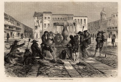 ポール・マルコイによる1848年から1860年までの南アメリカの旅を説明するためにリウが描いたクスコのカビルドの広場にある噴水のところにいる隷属させられているインディアンのポンゴたち。Edouard C.が編集した「Le tour du monde」に掲載されているエングレーヴィング。 作： Edouard Riou