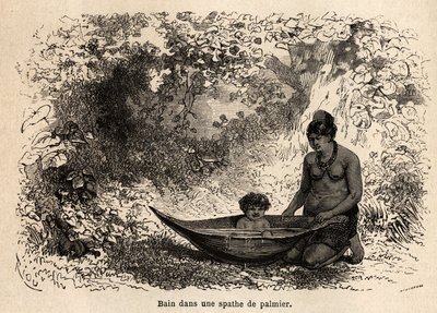 椰子の葉の中の子供の風呂。太平洋から大西洋への航海を描いたリウの絵 作： Edouard Riou