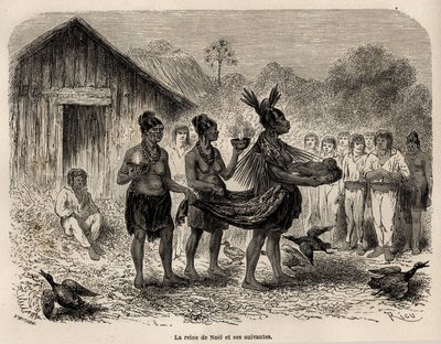 サラヤク（ペルー）でのクリスマスの祝宴、クリスマスの女王は子供のイエスを籠に入れて運び、二人の従者を伴って、村のすべての家に子供を贈る、Paul Marcoyのjourを説明するためにRiouが描いた絵 作： Edouard Riou