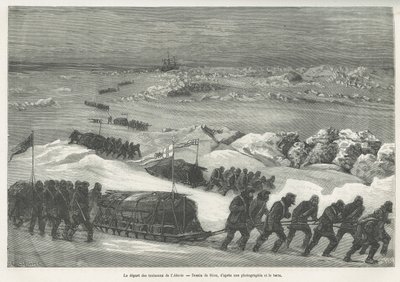 1875年から1876年にかけてのG.S.Nares船長による極海への航海の物語を説明するために描かれたRiouによる極地探検隊の船、Alert Sledsの出発。Le tour du monde』に掲載された版画 作： Edouard Riou