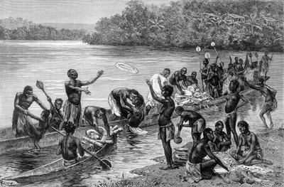 アフリカのアドゥマ村の部族のさまざまな活動を紹介。ブラッツァの「西アフリカの旅」では 作： Edouard Riou