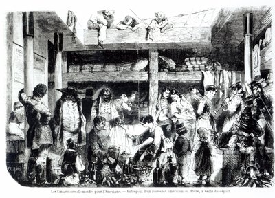 アメリカへの出発の前夜-1850年頃、ルアーブルの港にあるアメリカンライナーの操縦セクションでアメリカに向けて出発するドイツの移民 作： Edouard Riou