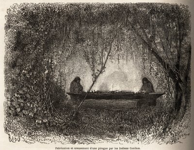 ペルーのコニボ・インディアンが火事で避難させたカヌーの製造。1848年から1860年にかけてP.マルコイが太平洋から大西洋へ航海した際にリウが描いたもの。エドゥアール・シャ編集の「Le tour du monde」に掲載された図版。 作： Edouard Riou