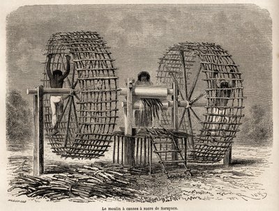 1848年から1860年にかけてのポール・マルコイの太平洋から大西洋への旅を説明するために、リウが描いたサラヤク（ペルー）のサトウキビを挽くための工場。エドゥアール・シャルトン編『Le tour du monde』に掲載された図版 作： Edouard Riou