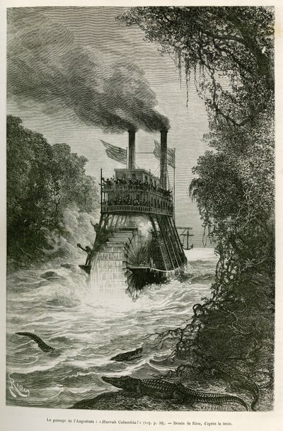 探検隊の蒸気船によるアンゴスチュラ（コロンビア）の通過、E.Riouによるデッサン、1875年から1876年にかけての赤道直下のアメリカ（コロンビア、エクアドル、ペルー）への航海を説明するために、フランス政府から使命を帯びた旅行者であるEdouard Andre（1833-1894）が描いたもの。 作： Edouard Riou