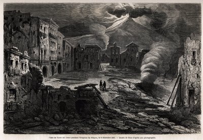 1861年12月8日、ヴェスヴェの噴火中のトッレ・デル・グレコの広場。1862年にマルク・モニエが行ったナポリ周辺の散策を説明するために、リウが描いたもの。エドゥアール・シャルトンが編集した「Le tour du monde」に掲載されているエングレーヴィング。 作： Edouard Riou