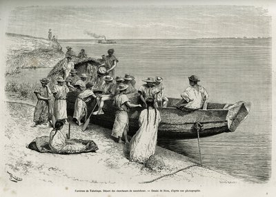 タバティンガ（アマゾン上流域）付近でのゴム研究者の始まり。1878年から1879年にかけて、フランス海軍の医師ジュール・クレヴォーが「Tour du monde」に掲載した「Cayenne aux Andes」の物語を説明するために、リウが描いたもの。 作： Edouard Riou