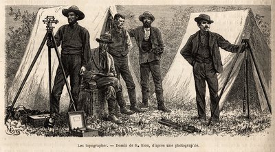 1870年から1872年にかけて行われた、ヘイデン、ドーン、ラングフの3人によるアメリカ国立公園を巡る一連の地理的ミッションを示す、F.Riouの図面に基づくエングレーヴィング。 作： Edouard Riou
