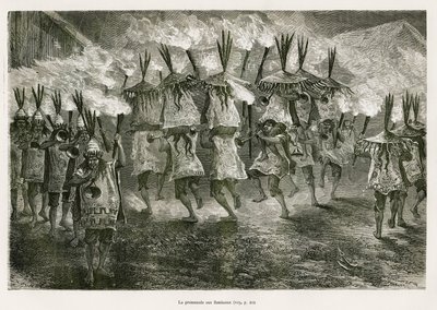 E.Riouが描いたサン・ホセの通りを通る聖火の散歩。1873年にポール・マルコイが行ったチチカカ地方とペルー下部の東の谷間での旅を説明するため。Le tour du monde』に掲載されたエングレーヴィング 作： Edouard Riou
