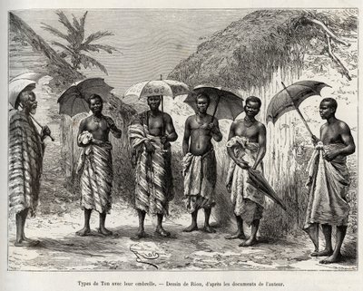 彼らの傘を持つトーンタイプ。1887年から1889年にかけて、キャプテン・ルイ・グスタフ・バンジェ（1856-1936）が、エドゥアール・シャルの指揮の下、『Le tour du monde, nouveau journal des voyages』に掲載した「ニジェールからギニー湾まで」の物語を説明するためのリウによるエングレーヴィング。 作： Edouard Riou