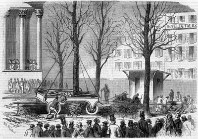 1858年の冬、パリの証券取引所広場で行われた植樹の様子。1858年2月27日付「Le Monde Illustré」46号に掲載されたリウの版画。 作： Edouard Riou