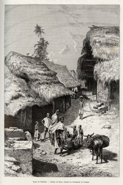 パクハラ（コートジボワール）の種類。1887年から1889年にかけて、キャプテン・ルイ・グスタフ・ビンガー（1856-1936）が、エドゥアール・シャの指導の下、『Le tour du monde, nouveau journal des voyages』に掲載した「ニジェールからギニー湾まで」の物語を説明するために、リウが描いた版画。 作： Edouard Riou