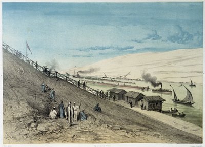 G.ニコルによるスエズ運河の開通式」の運河の様子。1869 作： Edouard Riou