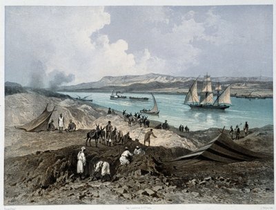 G.ニコルによるスエズ運河の開通式」の運河の様子。1869 作： Edouard Riou