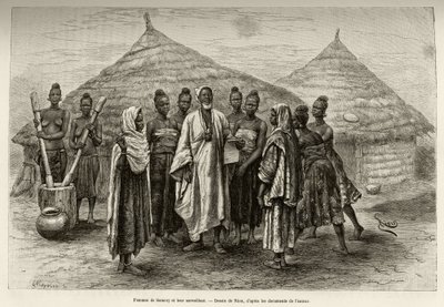 ニジェール・ループの戦争責任者であるサモリ・トゥーレ（1835年頃〜1898年）の女性たちと、彼らの監督者であるソニンケは、手に持っている紙からもわかるようにアラビア語の読み書きができる。ニジェールから湾岸へ」の物語を説明するためのリウの版画 作： Edouard Riou
