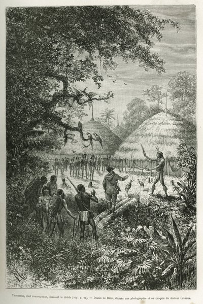 Yacouman, Roucouyenne chief, tribe of Guiana on the rivers of Oyapock, chasing the devil, he walks of the village after birth of a child, sprinkling a milk milk white liquid with a feather brush, engraving after the drawing by Riou, illustrated the the a p 作： Edouard Riou