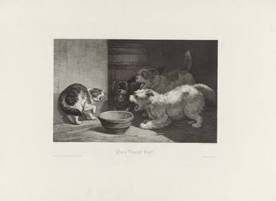 皿の近くで吹く猫と 3 匹の吠える犬 スリー・アゲインスト・ワン 作： Edouard Taurel