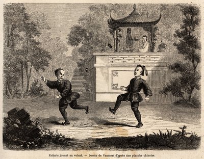 ヴォーモート（？-1886）が描いた、1859年から1862年にかけてのブルベール氏の上海からモスクワへの旅を説明するための、母親の監督下で車輪（革製のボール、重い金属製の輪、3本の長い羽を埋め込んだもの）で遊ぶ中国の子供たち。 作： Edouard Vaumort