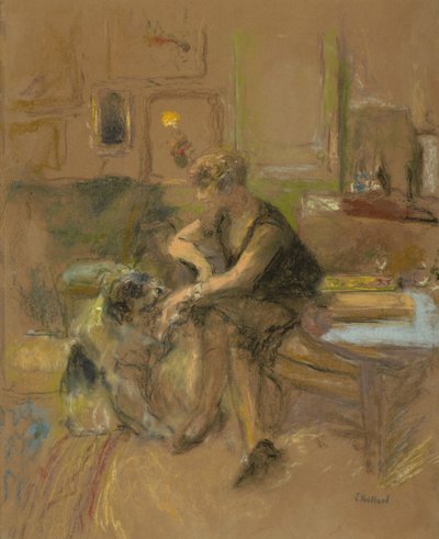 犬と遊ぶガブリエルジョナス、1927年 作： Edouard Vuillard