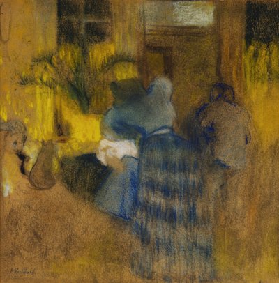 インテリアイエローとブルー、猫と子供 作： Edouard Vuillard