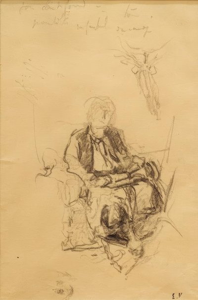 マナーベナールはスカーフから引かれた生徒と一緒に座っています 作： Edouard Vuillard