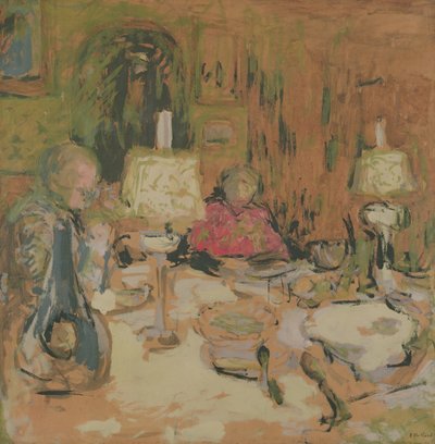 夕食と2つのランプ、rue de Calais、1913年（茶色い紙のジステンパー） 作： Edouard Vuillard