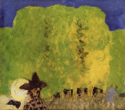 風景の中の二人の女性、1895（紙に油彩） 作： Edouard Vuillard