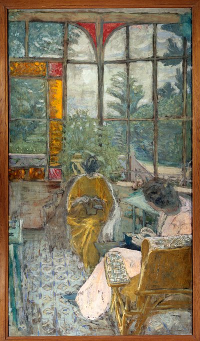 ベランダの下で刺繡をしている2人の女性。ルシー・ヘッセルと女優のマース・メロット 作： Edouard Vuillard