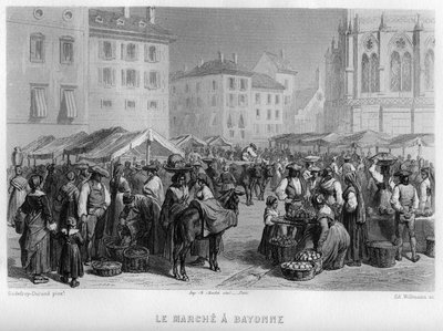 フランス、アキテーヌ地方、ピレネー・アトランティック（Pyrenees Atlantiques）、バイヨンヌ（Bayonne）のマルシェ。Jean-Bernard Mary-Lafon（ジャン・ベルナール・マリー・ラフォン）の「La France ancienne et moderne」に掲載されたWillmannのエングレーヴィング。 作： Edouard Willmann
