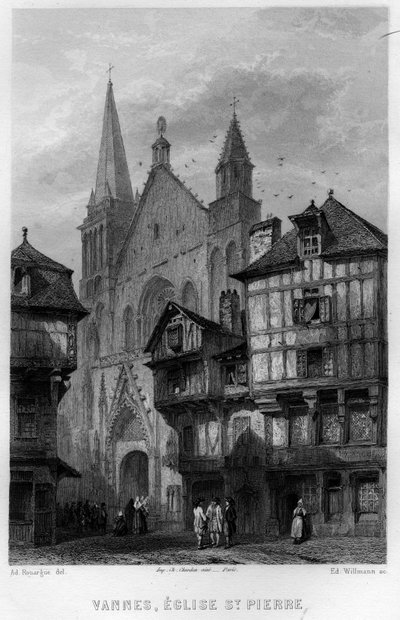 フランス、ブルターニュ地方、モルビアン、ヴァンヌの街とサン・ピエール教会の眺め。Jean-Bernard Mary-Lafon（ジャン・ベルナール・マリー・ラフォン）の「La France ancienne et moderne」に掲載されているウィルマンのエングレーヴィング。 作： Edouard Willmann