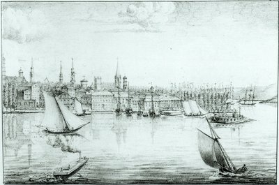 1821年、ドモントゥール作「イタリアのシチリアとエジプトのアメリカへの旅の地図と眺めのコレクション」より、西からニューヨーク 作： Edouard de Montule