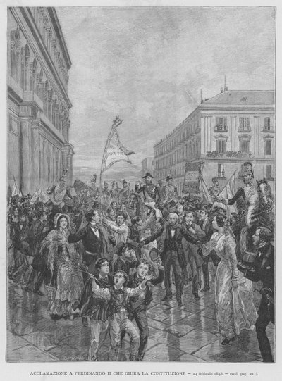 フェルディナンド2世が憲法を宣誓する際の拍手喝采（1848年2月24日）（彫刻 作： Edouardo Matania