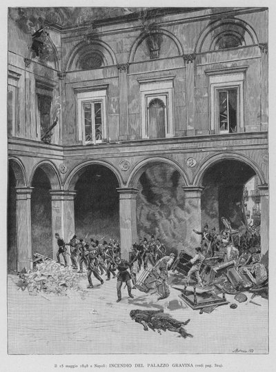 1848年5月15日、ナポリ、グラヴィーナ宮殿の火災（彫刻作品 作： Edouardo Matania