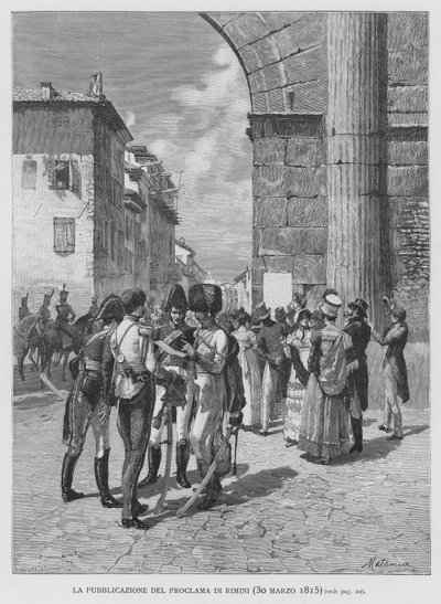 リミニ宣言の発表、1815年3月30日（エングレーヴィング 作： Edouardo Matania