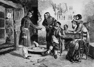 移動可能な富、悲惨なイタリアに住む仕立て屋に裁判所命令を届ける役人、Edoardo Matania (1847-1929) によるドローイングからの彫刻、L