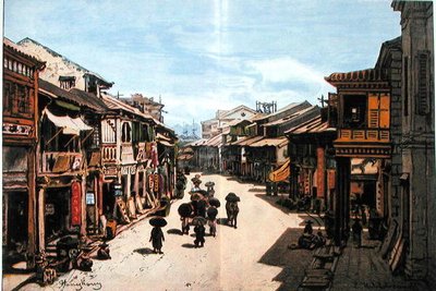 19世紀半ばの香港の街並み（カラーリトグラフ） 作： Eduard (after) Hildebrandt