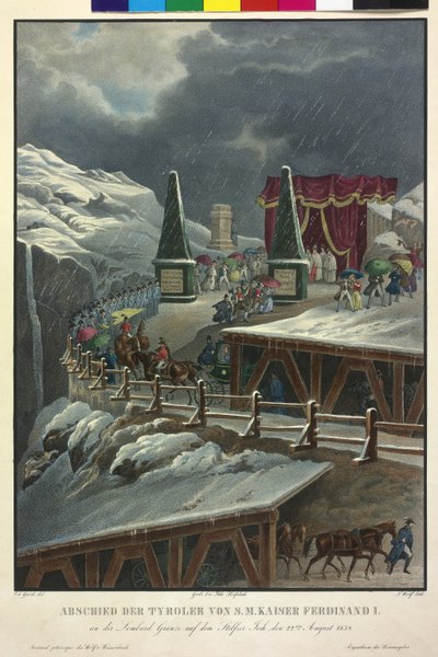 22日、皇帝フェルディナント1世からのチロル人の別れ。1838年8月（カラーリトグラフ） 作： Eduard Gurk