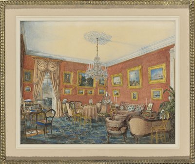 1859年のサンクトペテルブルクのネヴァ川沿いにあるタウンハウスの作家の応接室の様子 作： Eduard Hau