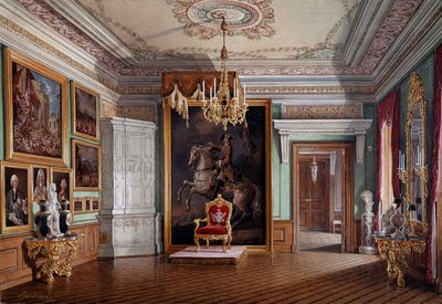 ガッチナのポール1世（1754-1801）の玉座の部屋の眺め、中央にはピョートル1世の肖像画 エドゥアルド（エドワード）・ハウ（1807-1870）の水彩画 19世紀 サンクトペテルブルク エルミタージュ美術館 作： Eduard Hau