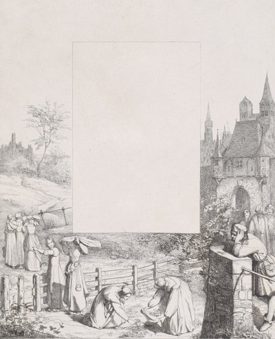 プレート 5: 植物を集めて頭上に運ぶ女性、里の男性の傍観者、1836 年。 作： エドゥアルド・ジュリアス・フリードリッヒ・ベンデマン