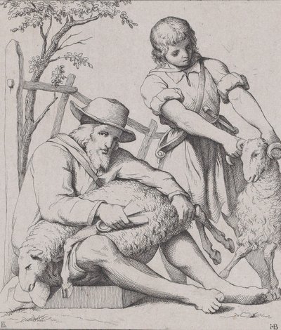 羊の毛刈りをする 2 人の男性。 1842年。 作： Eduard Julius Friedrich Bendemann