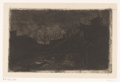 夜の家と工場のある風景 作： Eduard Karsen (signed by artist)