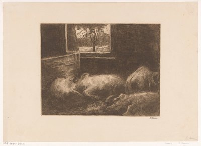 馬小屋の豚 作： Eduard Karsen (signed by artist)