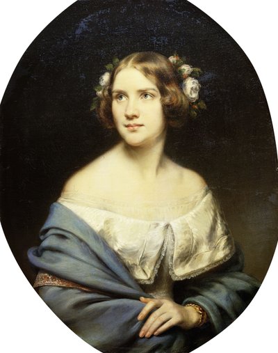 白いドレスと水色のショールで半分の長さに立っているジェニーリンドの肖像画、 作： Eduard Magnus