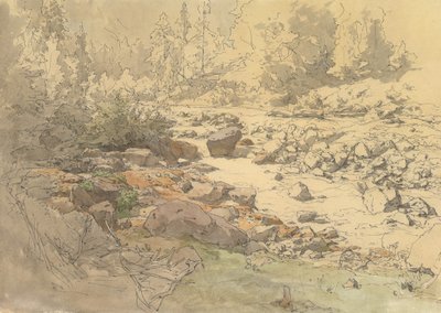 クローナウ近くの川に岩のある風景、19 世紀から 20 世紀初頭。 作： Eduard Peithner von Lichtenfels