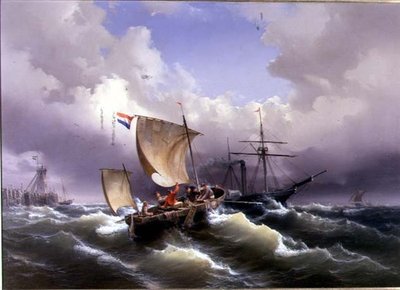 海岸線から離れた場所で、波のある海に浮かぶ船 作： Eduard Schmidt