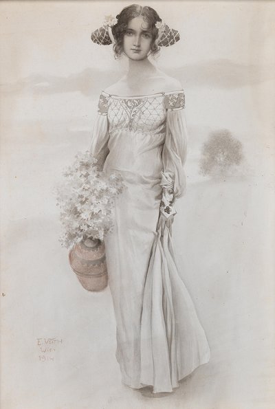 水差しと花束を持つ少女、1914年。 作： Eduard Veith