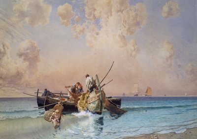 エドゥアルド・ダルボーノ（1841-1915）作、油彩・カンヴァス、53x73cm「漁からの帰還 作： Eduardo Dalbono